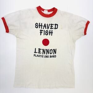 Vintage 1970s John Lennon Plastic Ono Band Shaved Fish Promo T-Shirt Ringer XL M